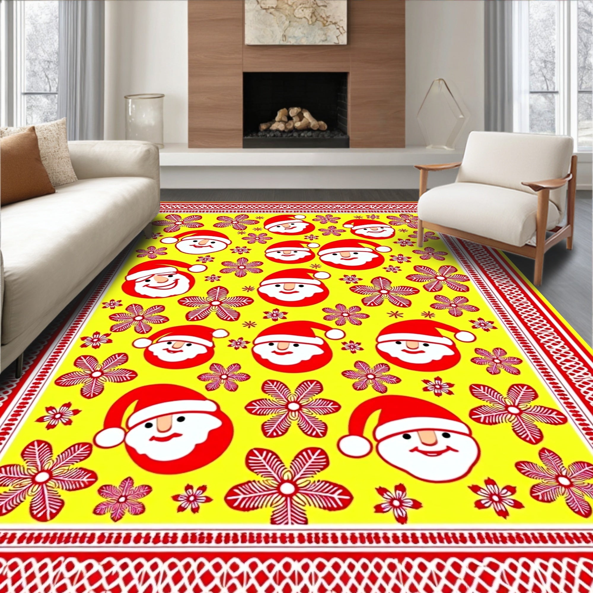 Merry Santa Claus Floral Yellow Rug
