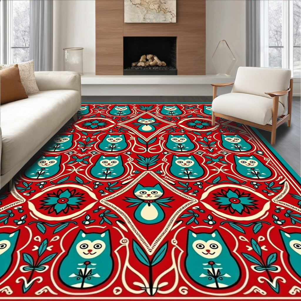 Red Teal Folk Art Cat Medallion Rug