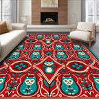 Red Teal Folk Art Cat Medallion Rug
