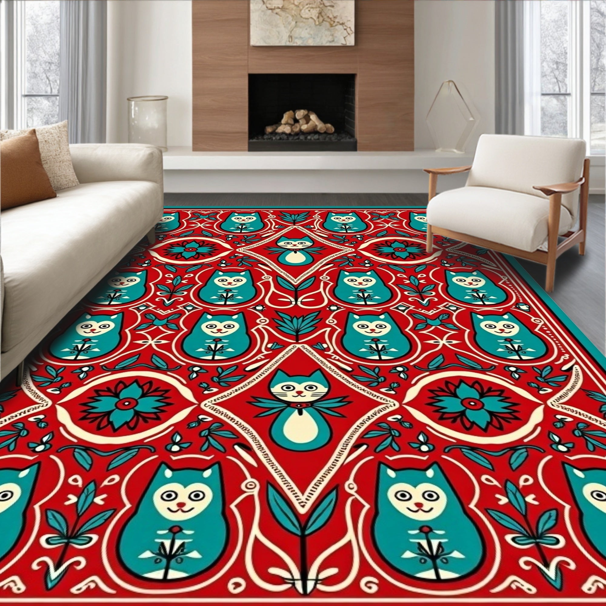 Red Teal Folk Art Cat Medallion Rug