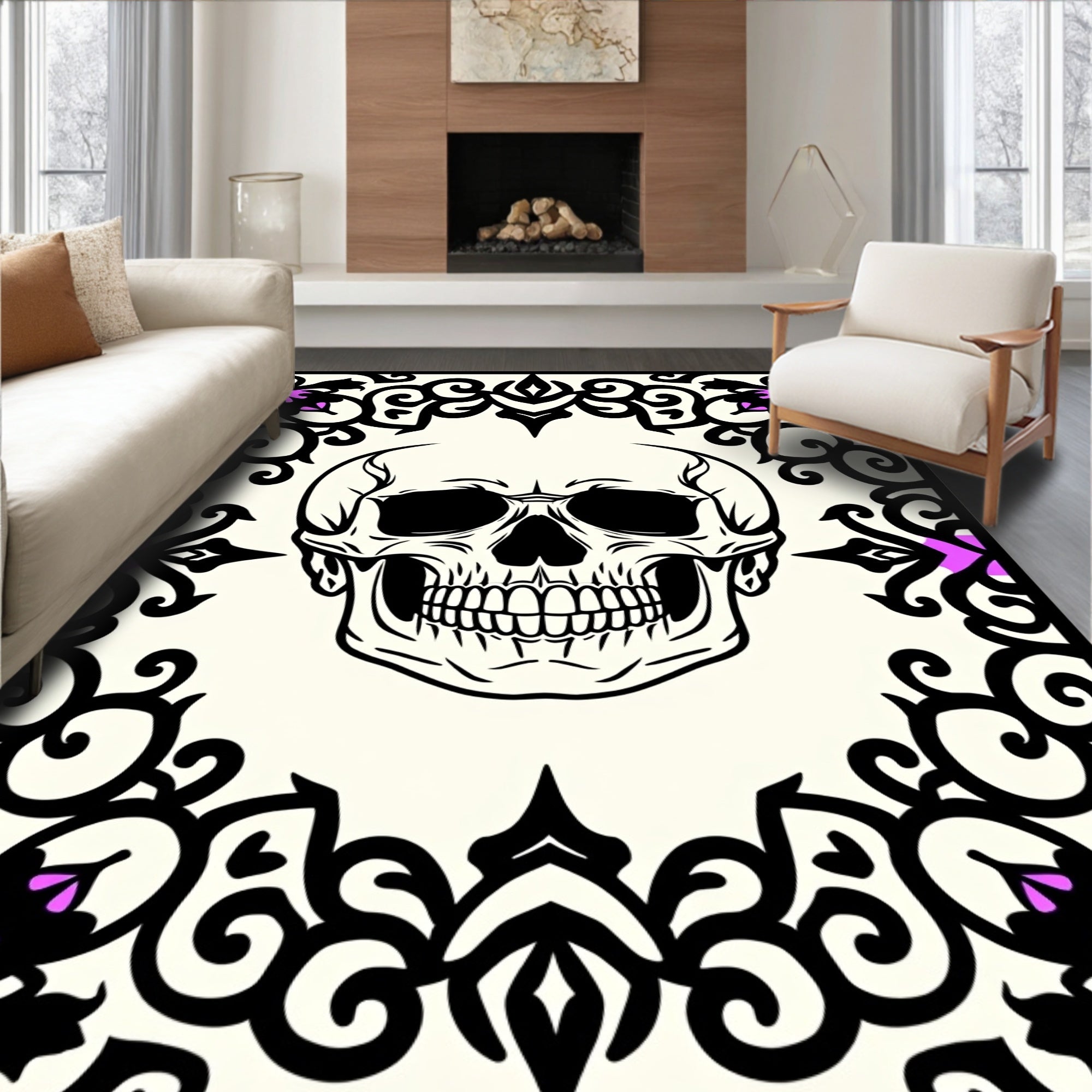 Ornate Skull Floral Frame Rug