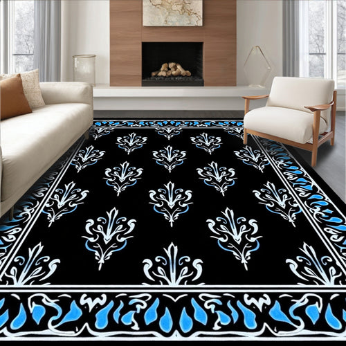 Black White Blue Floral Medallion Border Rug