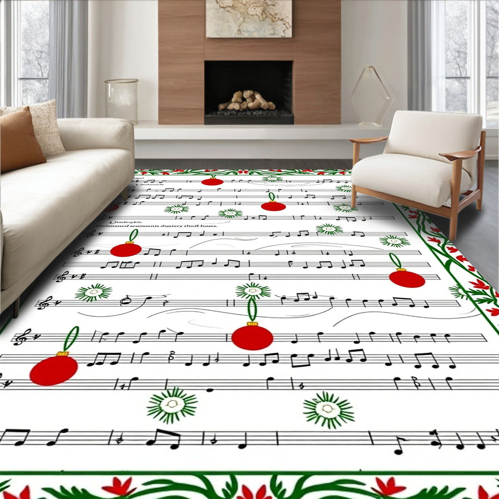 Festive Red Ornament Musical Score Rug