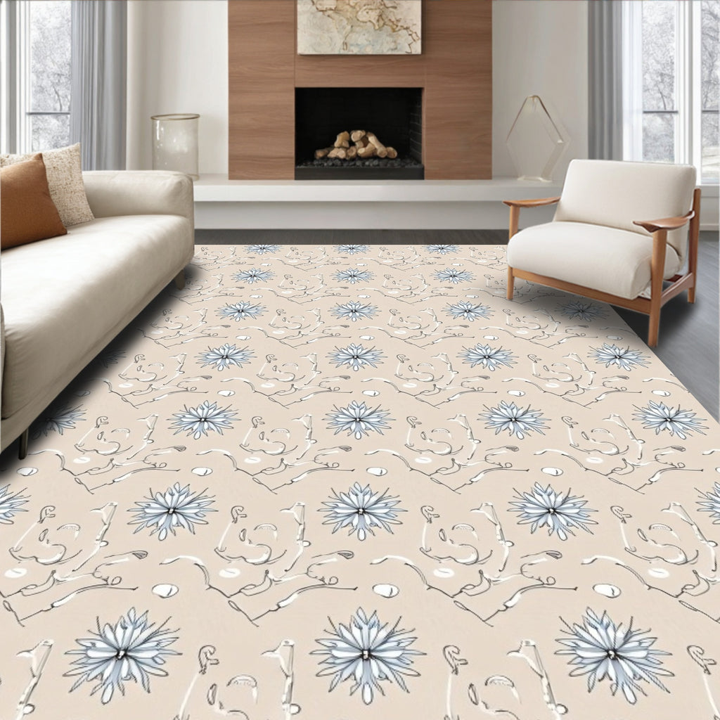 Beige Blue Floral Vine Sketch Rug