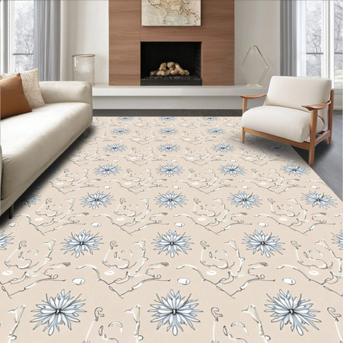 Beige Blue Floral Vine Sketch Rug