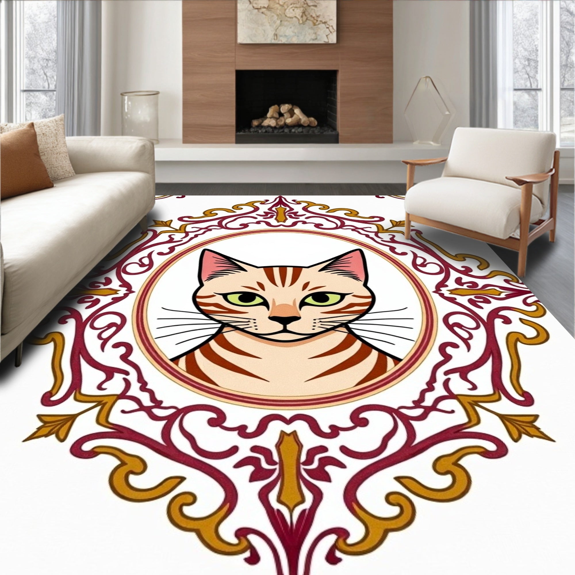 Ornate Tiger Cat Portrait Oval Rug