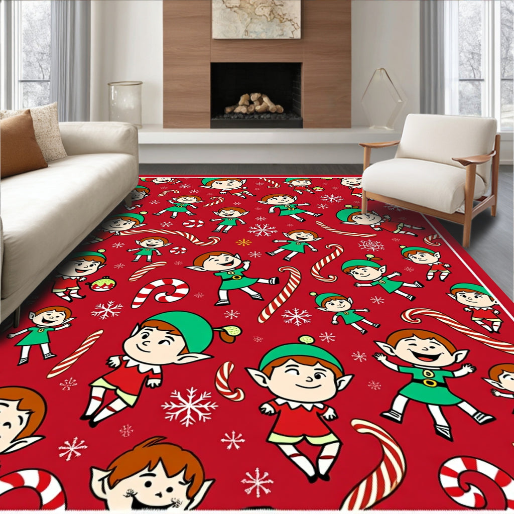 Playful Elves Candy Cane Snowflake Collage Rug