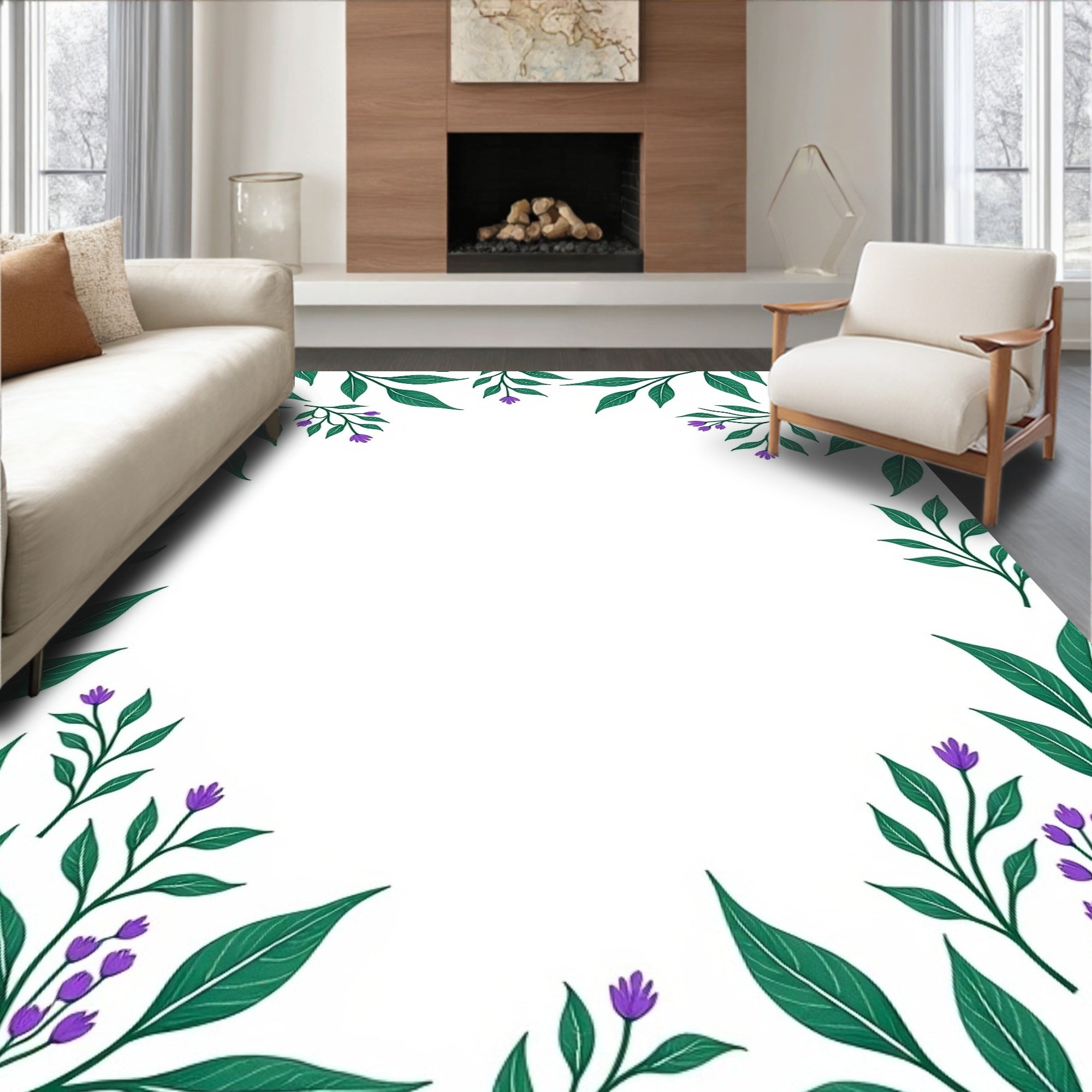 Emerald Green Floral Vine Border Rug