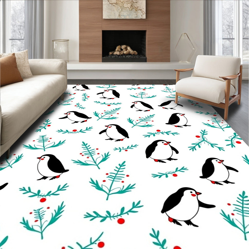 Whimsical Penguin Berry Branch Repeat Rug