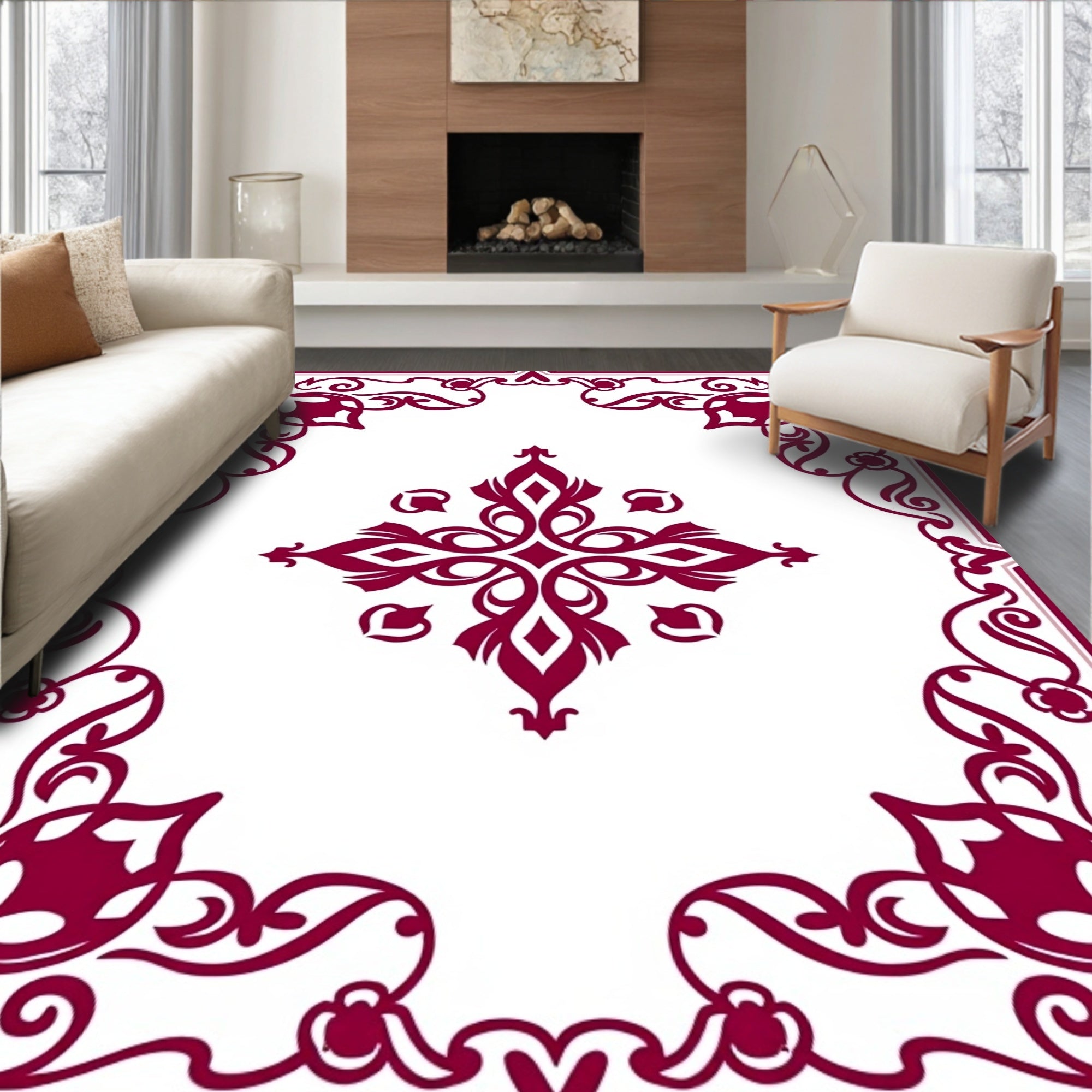 Ornate Crimson Vine Scroll Work Rug