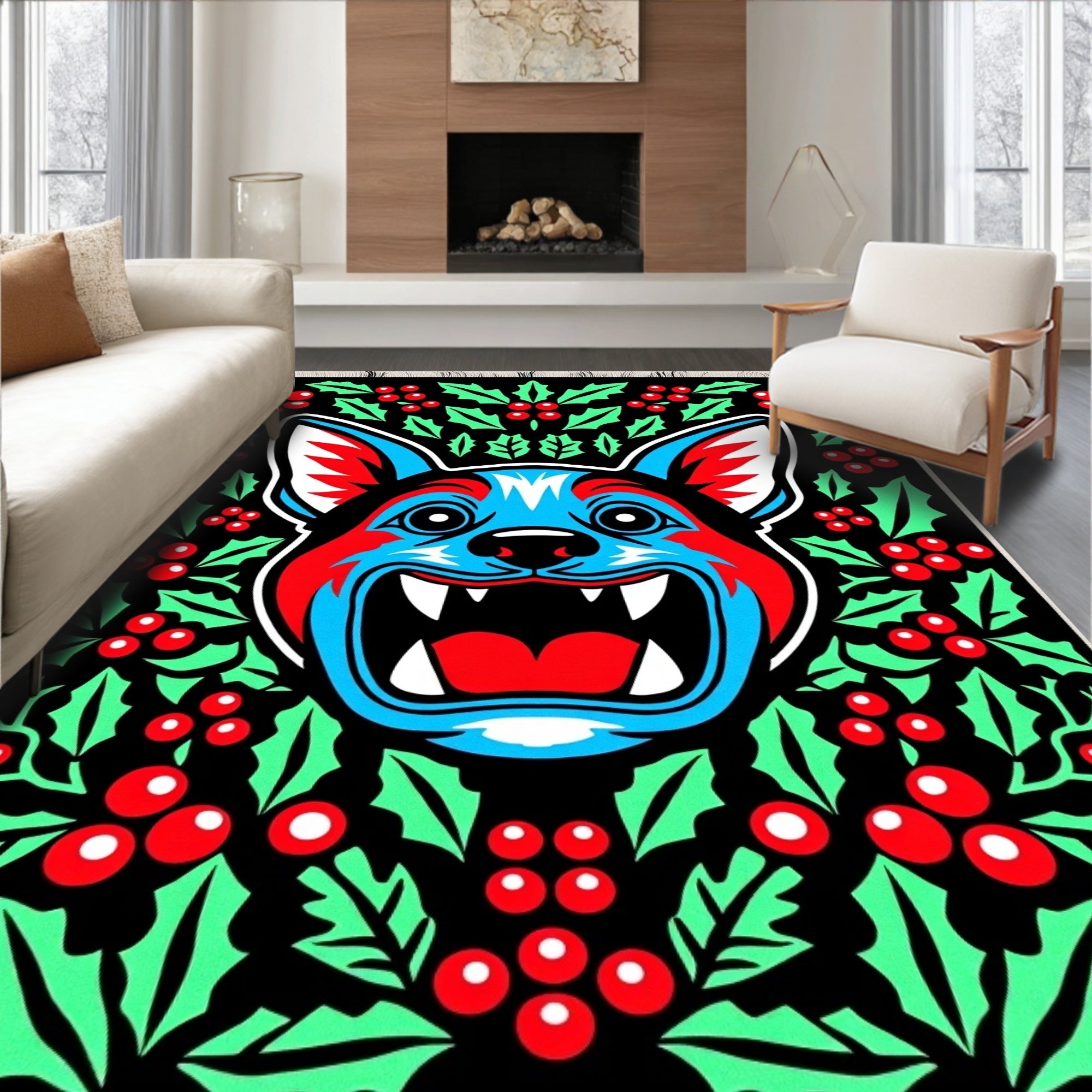 Bold Cyan Red Wolf Holly Rug