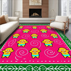 Pink yellow figures border swirly elements Rug
