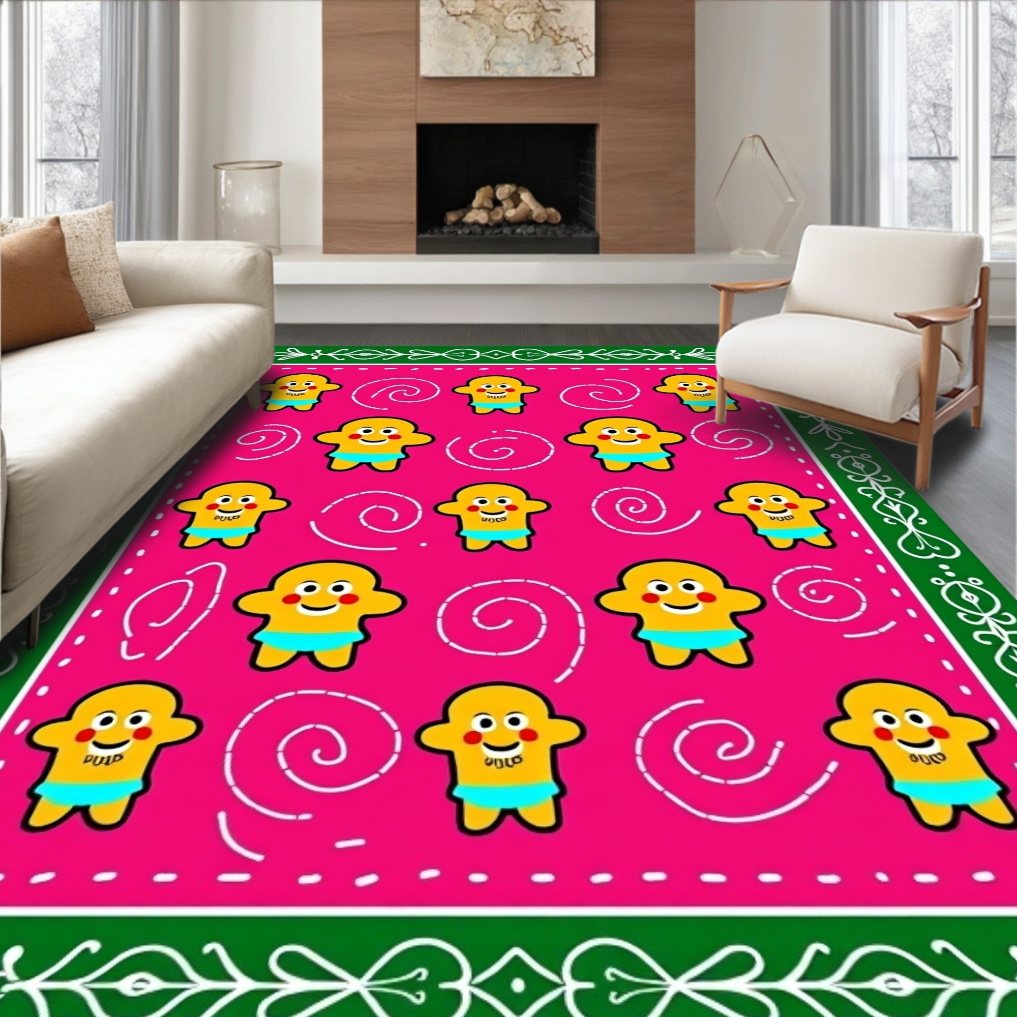 Pink yellow figures border swirly elements Rug