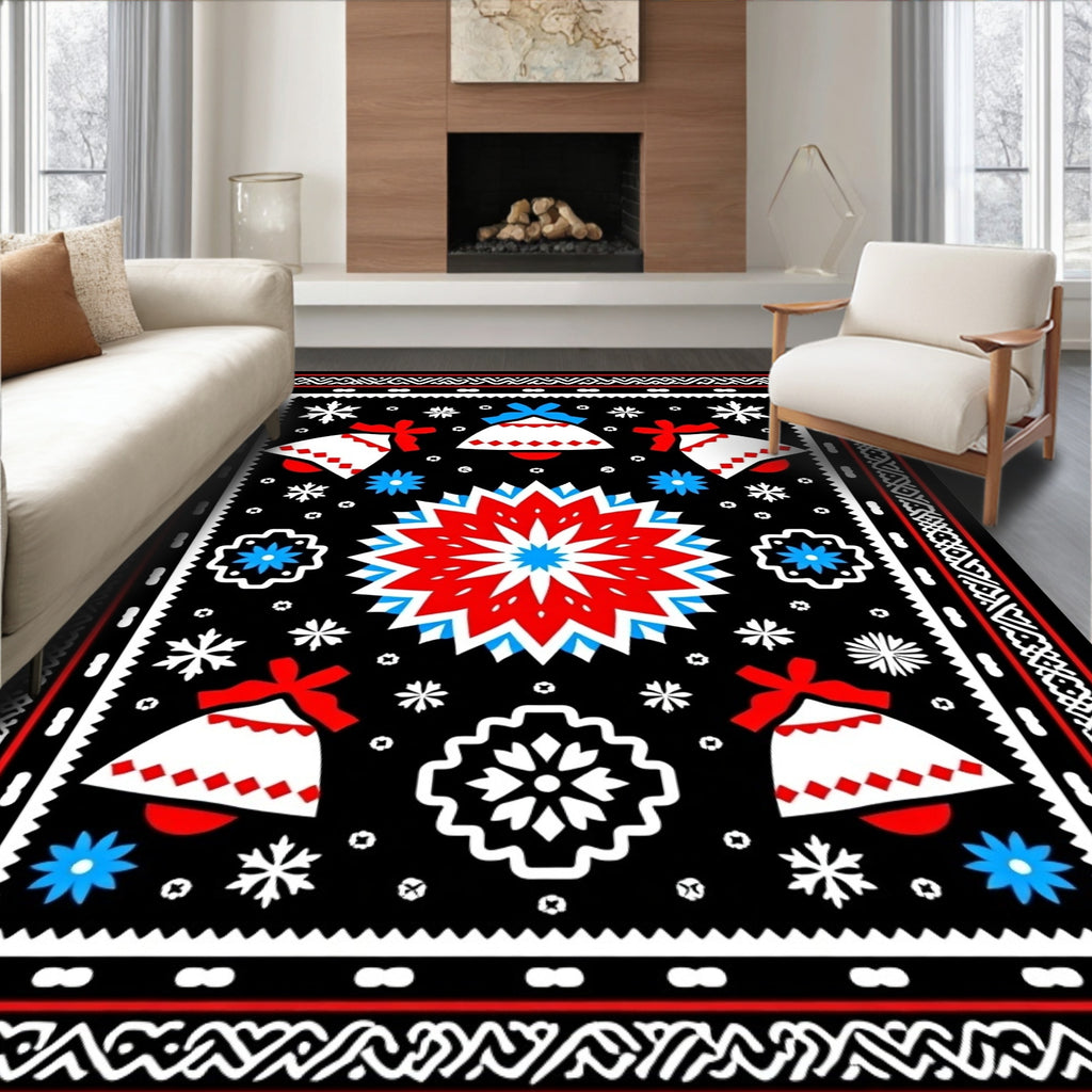 Bold Red Blue Bell Snowflakes Rug