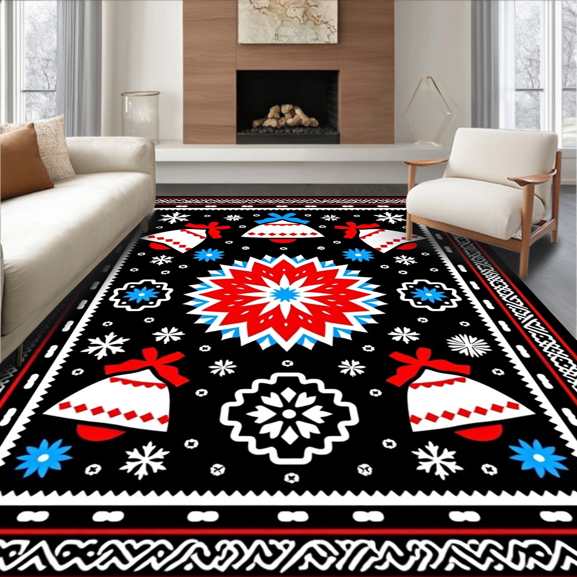 Bold Red Blue Bell Snowflakes Rug
