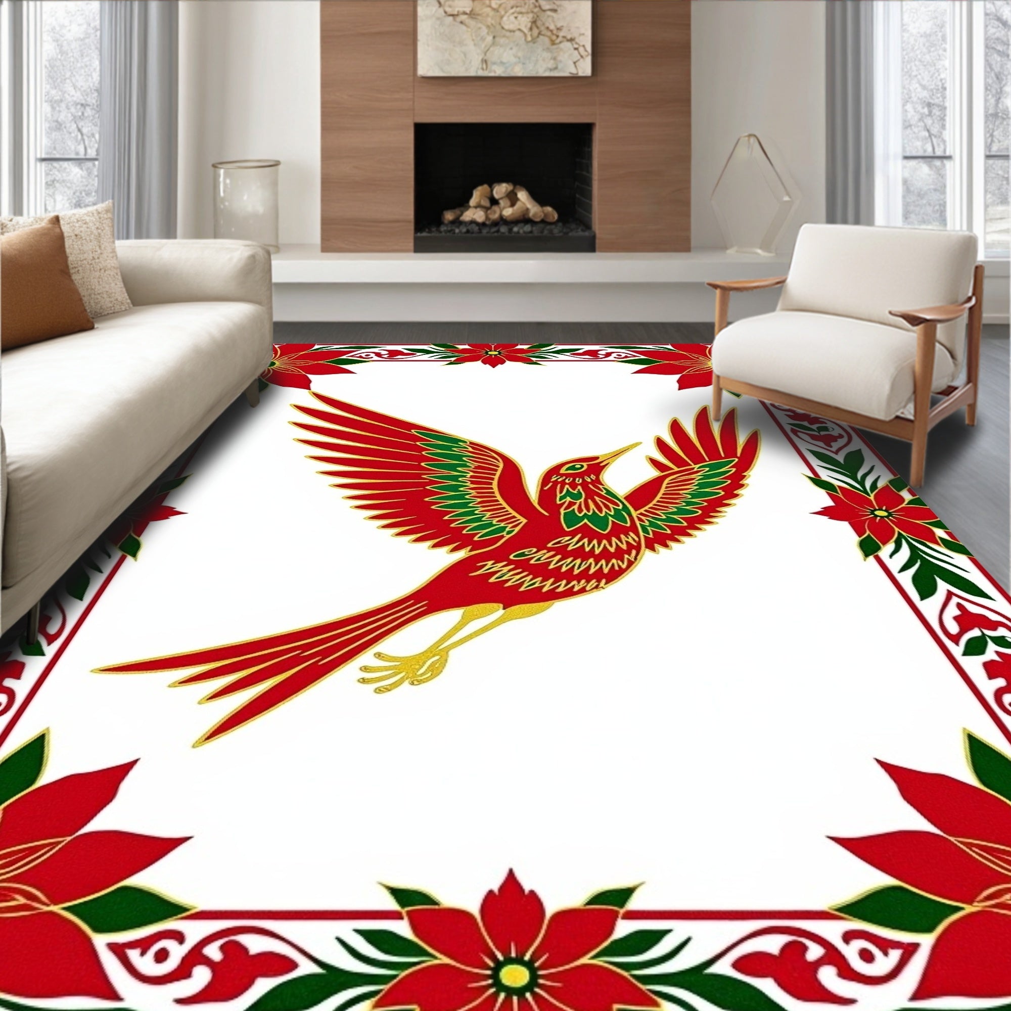 Swooping Red Bird Festive Floral Border Rug