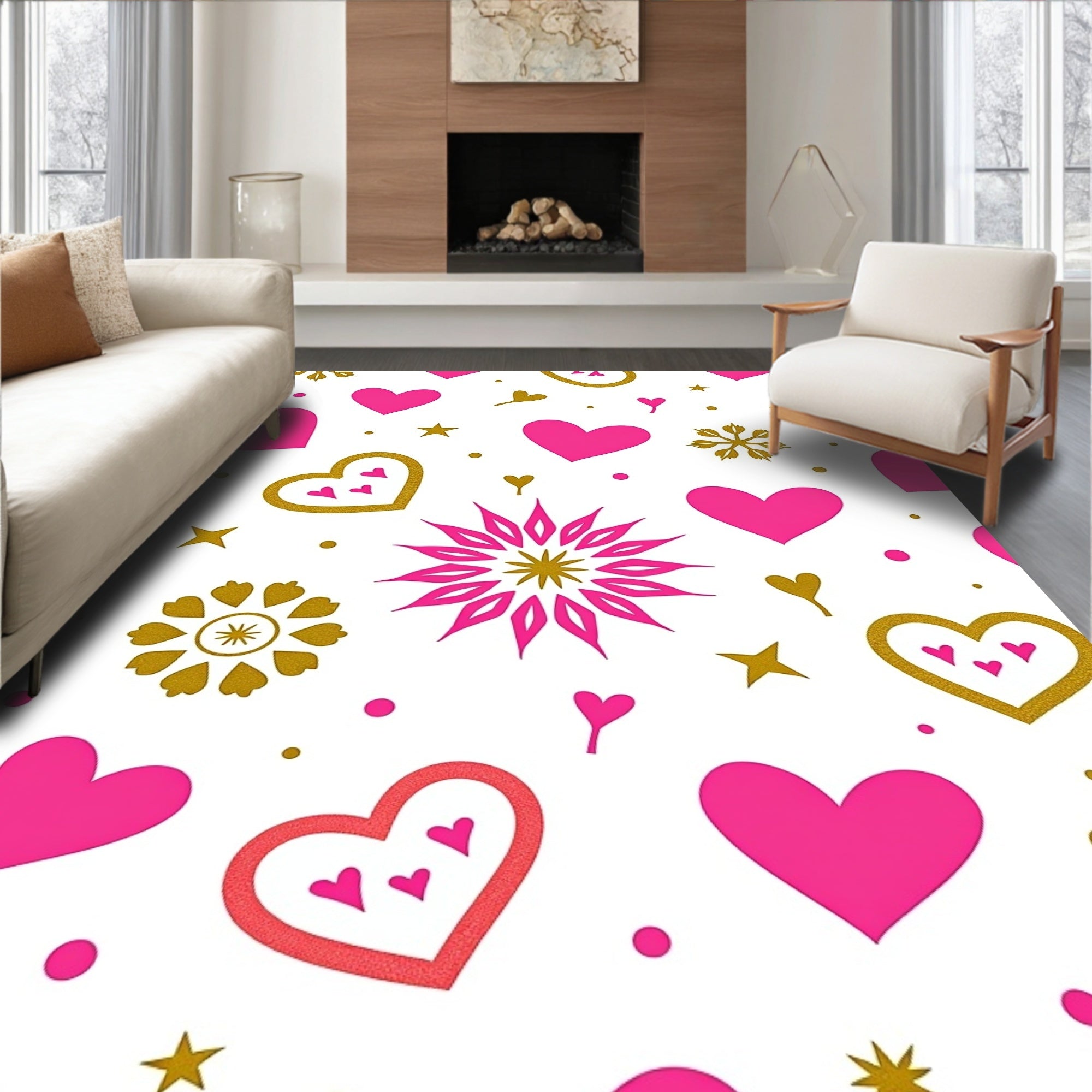Bright Pink Gold Hearts Star Celebration Rug