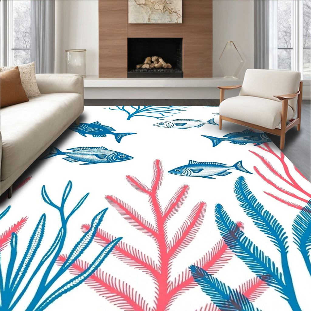 Coral Blue Fish Underwater Scene Rug