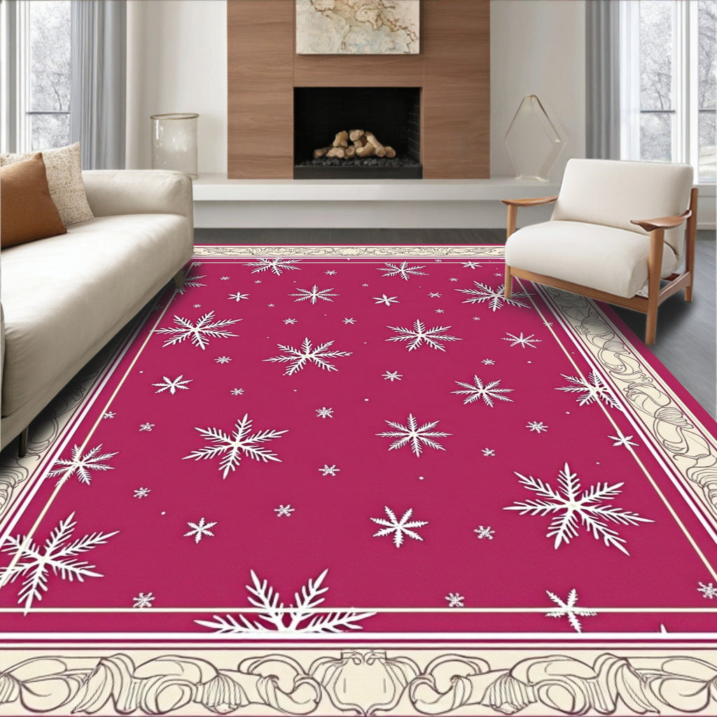 Crimson White Snowflake Border Area Rug
