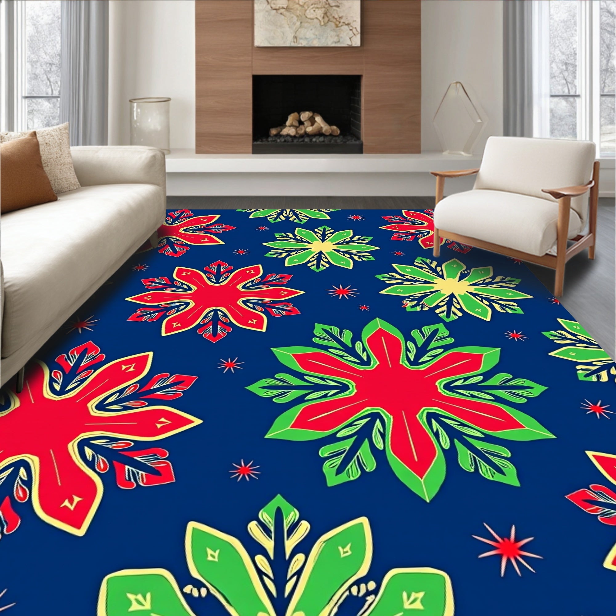 Festive Red Green Snowflake Collage Rug