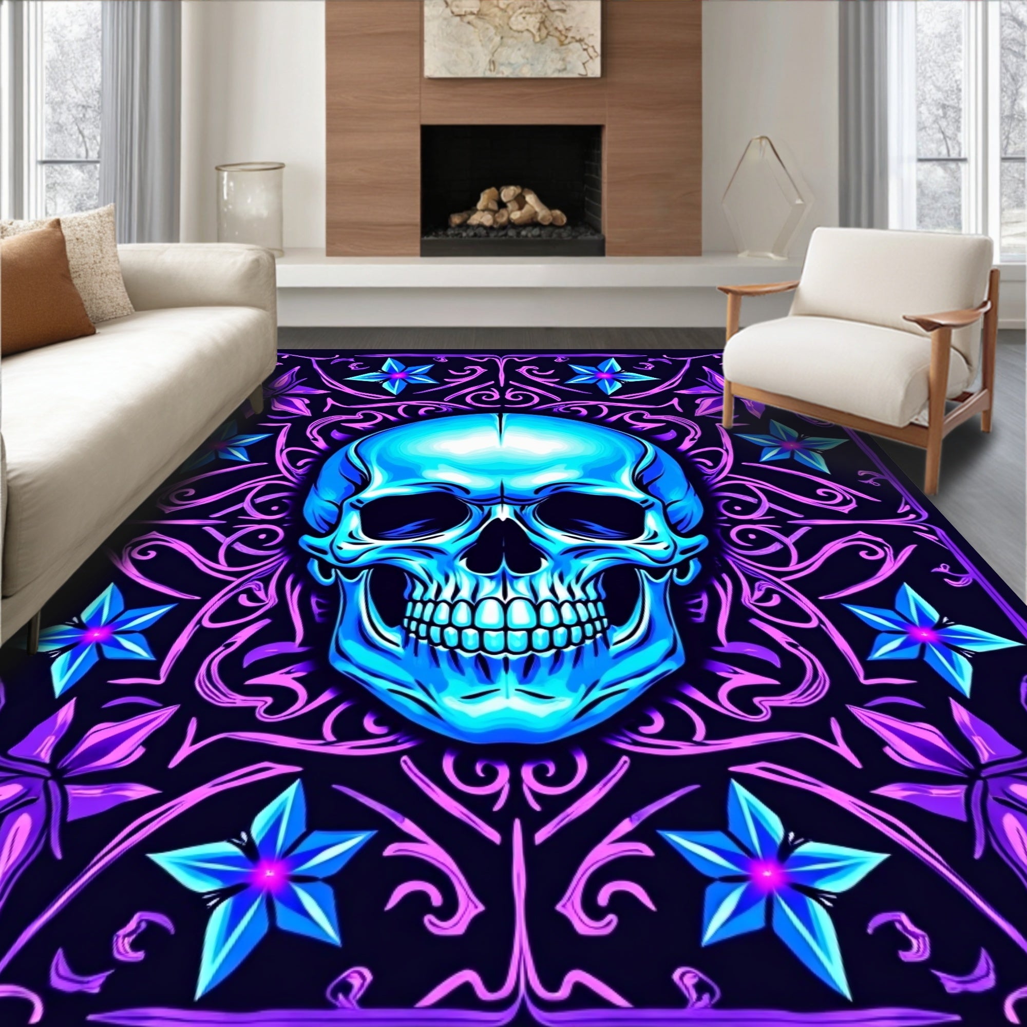 Electric Blue Skull Purple Floral Frame Rug