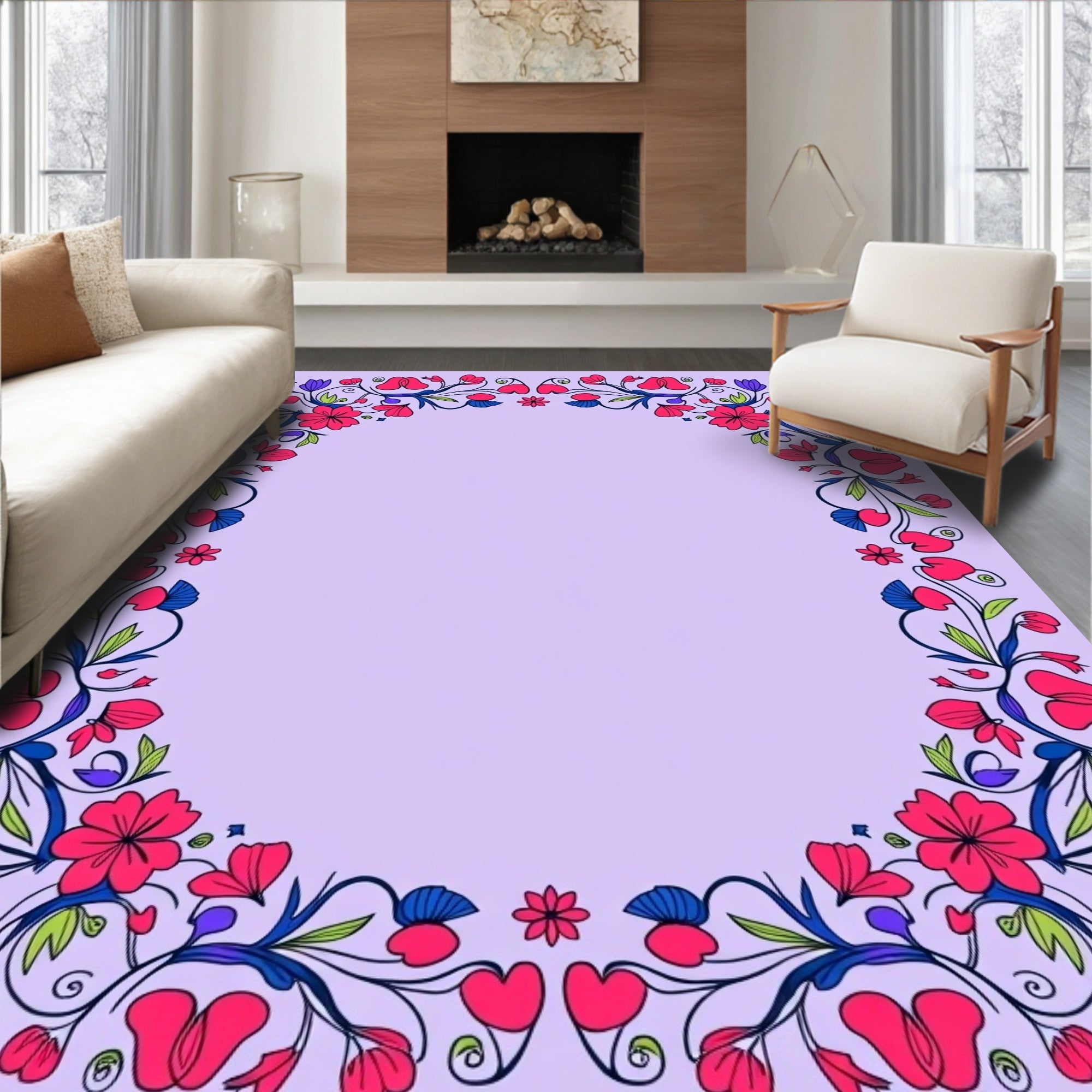 Vibrant Crimson Floral Swirl Border Rug