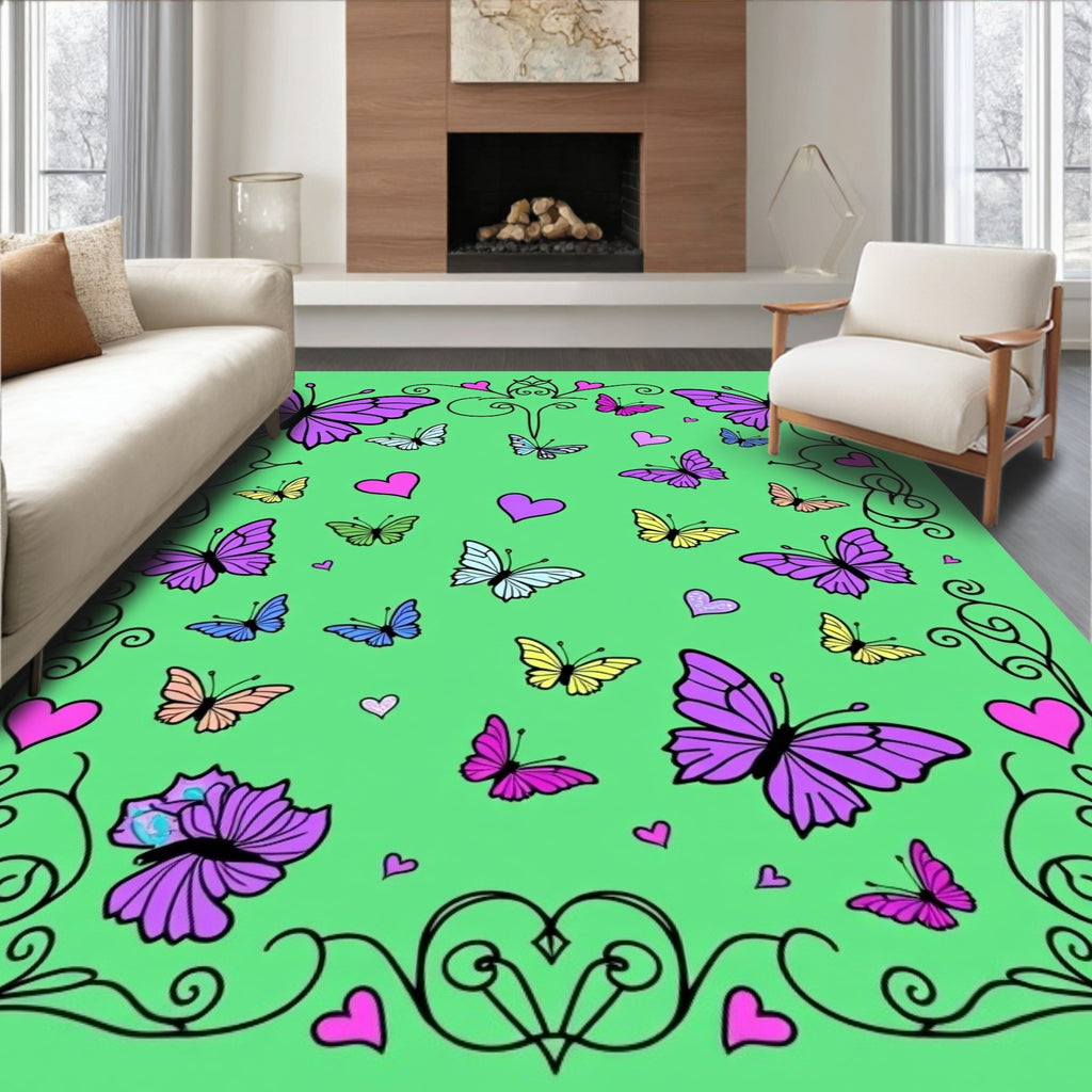 Whimsical Purple Butterfly Heart Border Rug