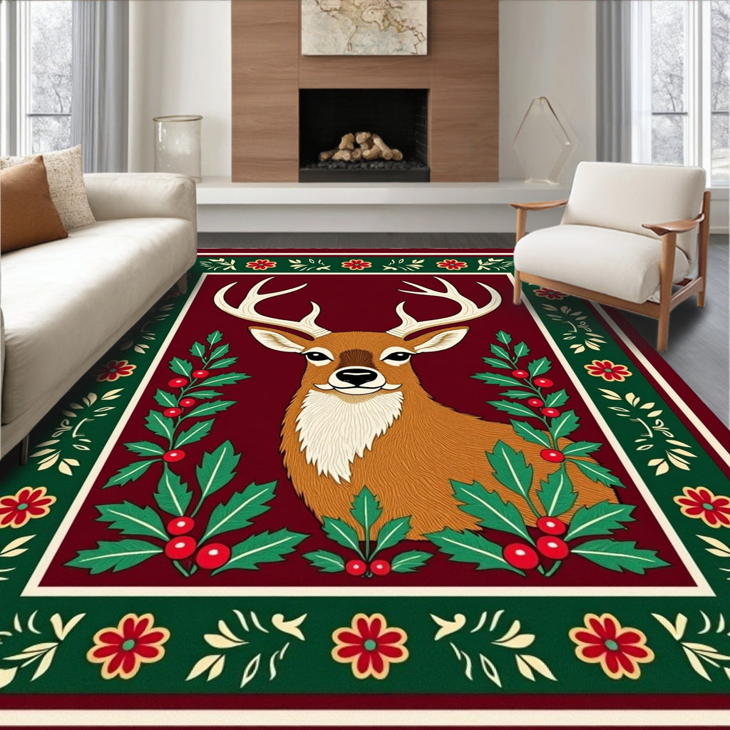 Festive Deer With Holly Border Rug