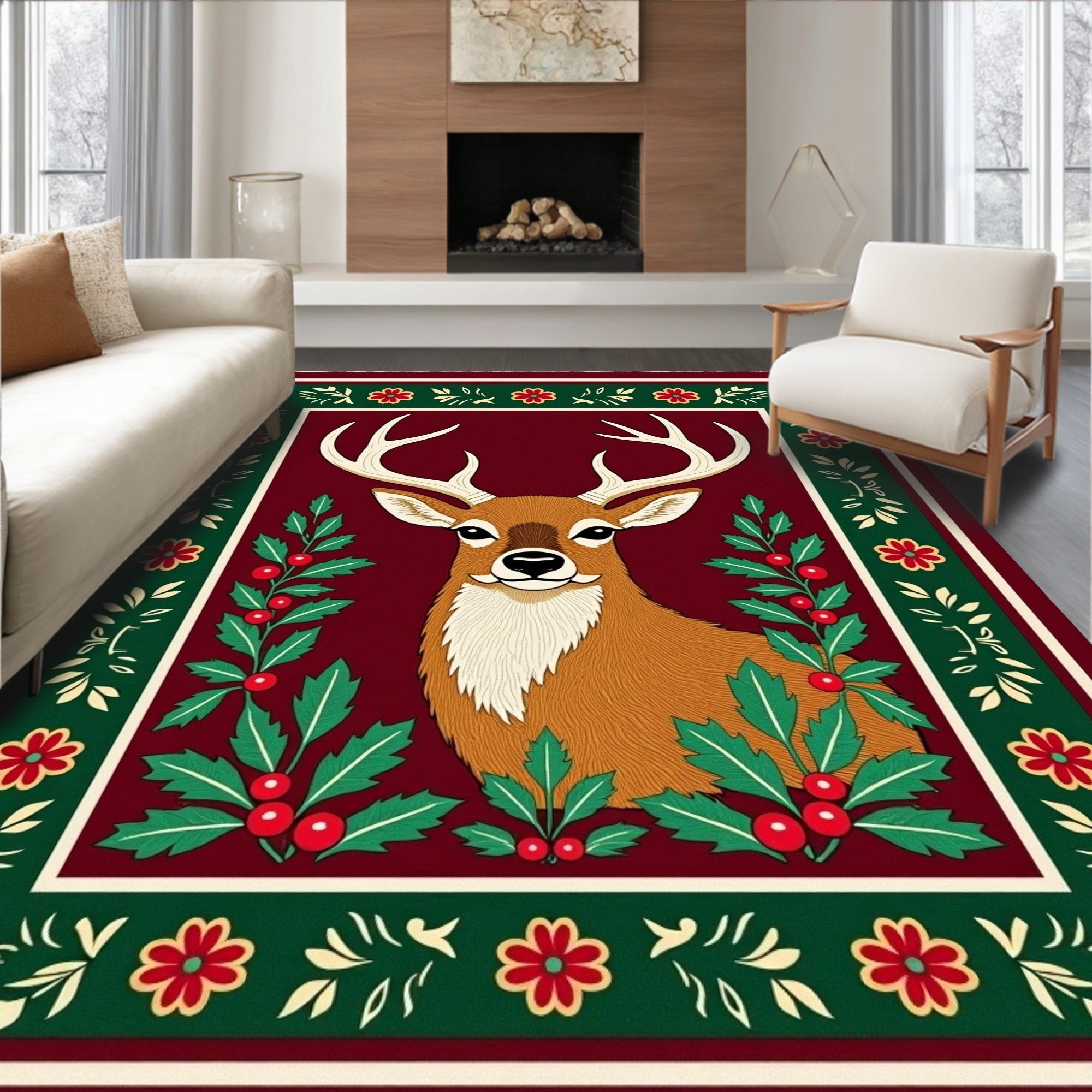 Festive Deer With Holly Border Rug