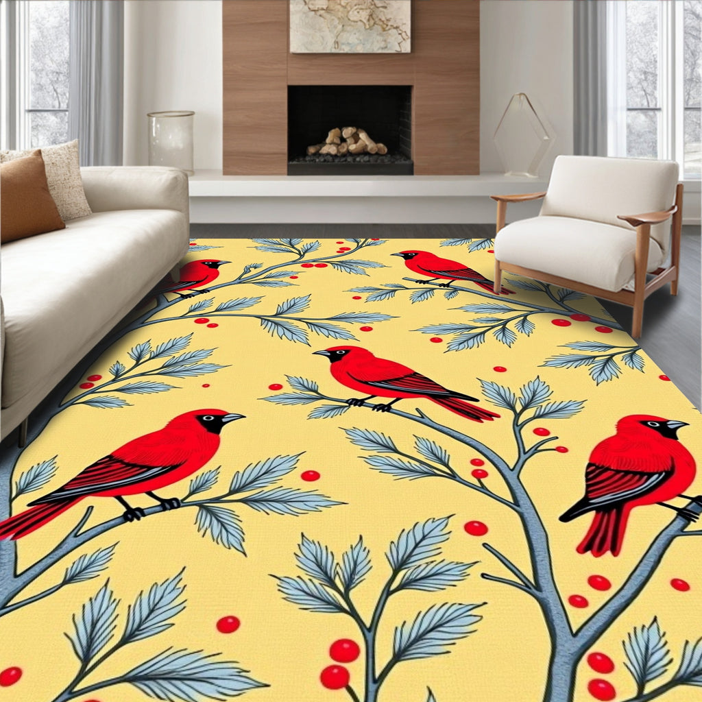 Red Birds Yellow Branch Berry Arrangement Rug