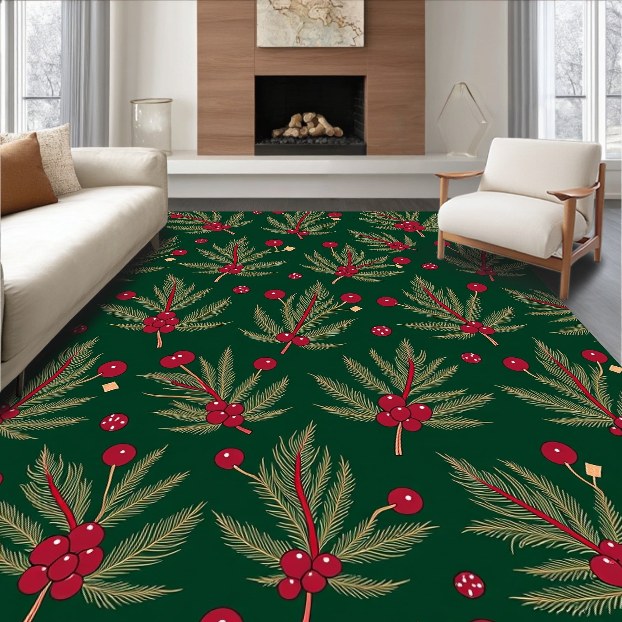 Festive Green Berry Pine Sprig Rug