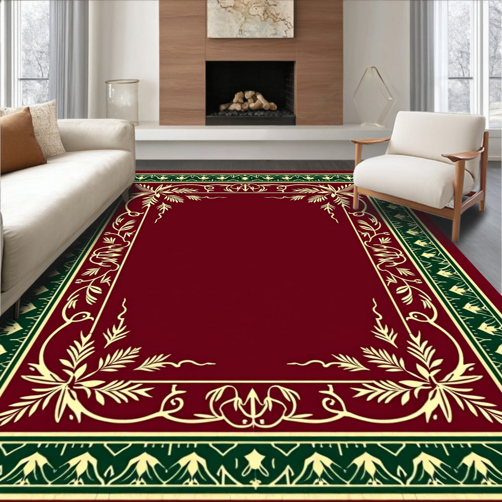 Deep Crimson Leafy Vine Border Rug