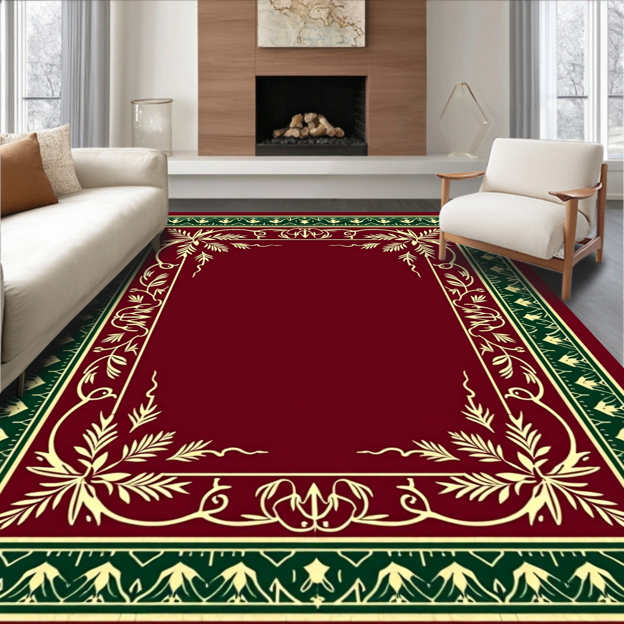 Deep Crimson Leafy Vine Border Rug