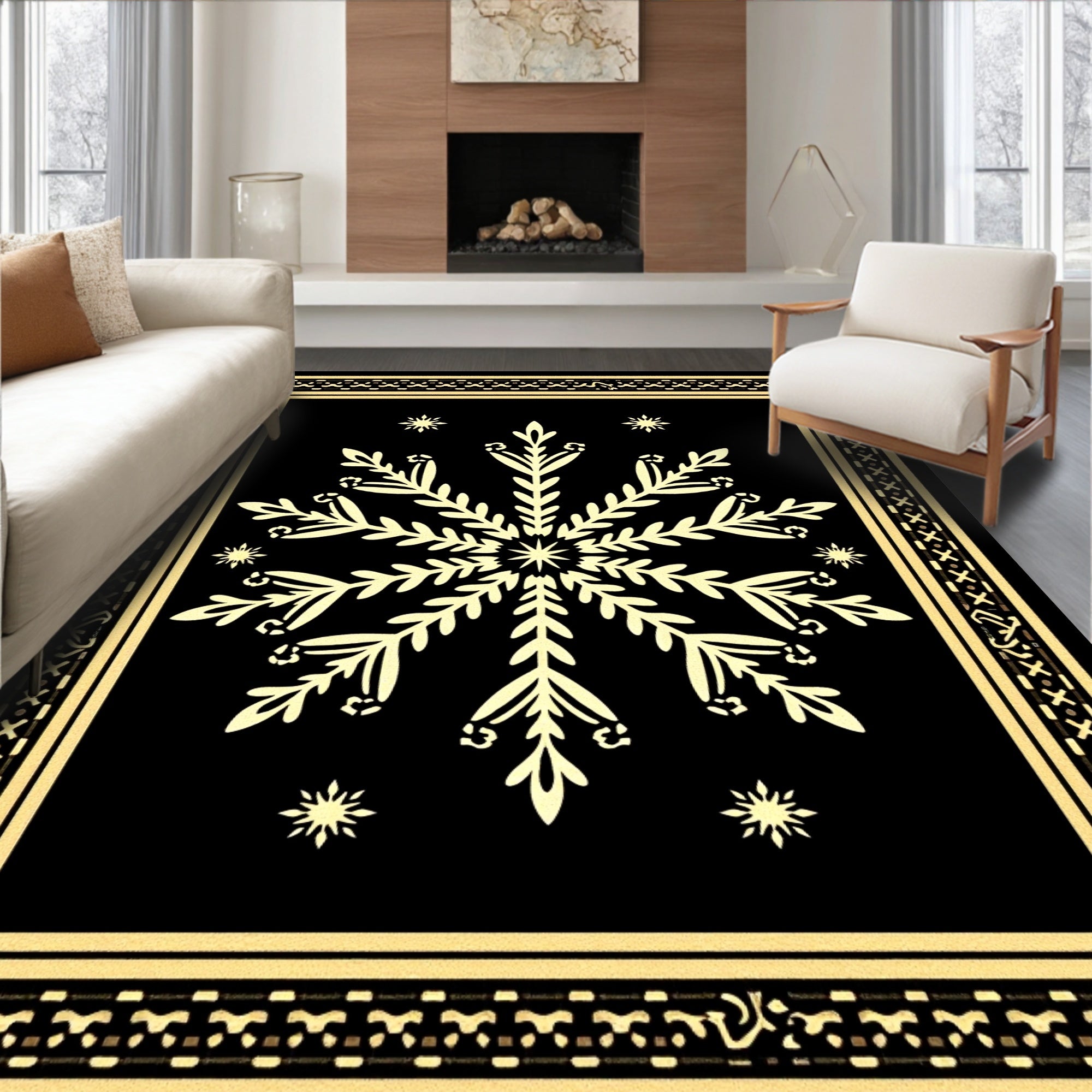 Elegant Black Gold Snowflake Medallion Rug