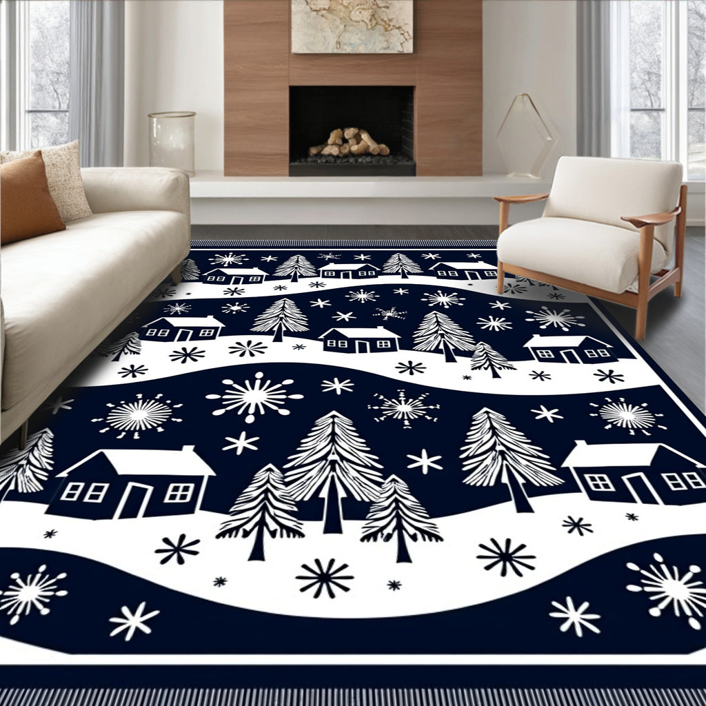 Navy White Snowy Village Forest Rug