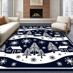 Navy White Snowy Village Forest Rug