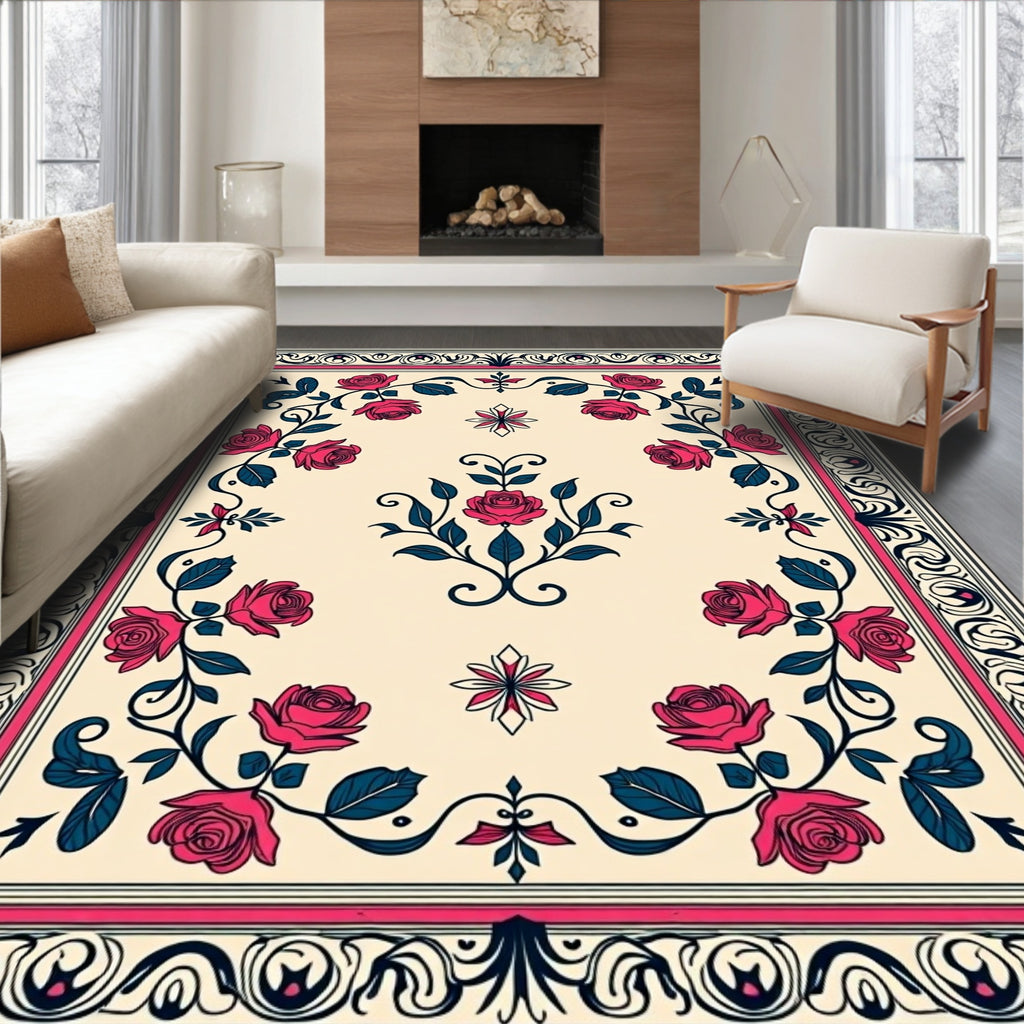 Crimson Rose Floral Scroll Medallion Rug