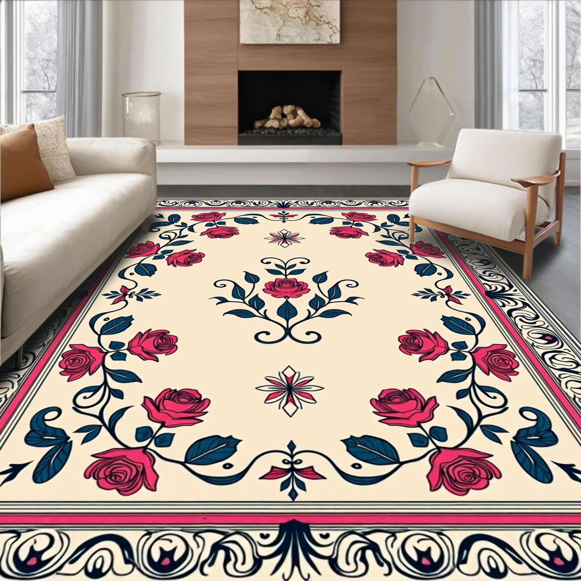 Crimson Rose Floral Scroll Medallion Rug