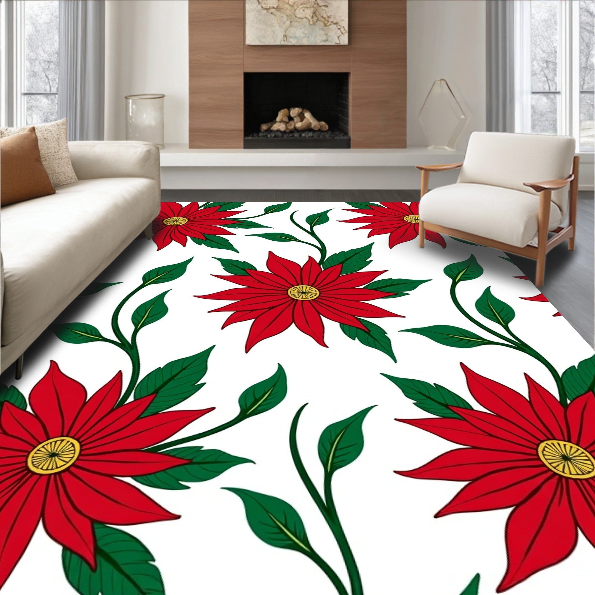 Crimson Poinsettia Floral Branch Rug