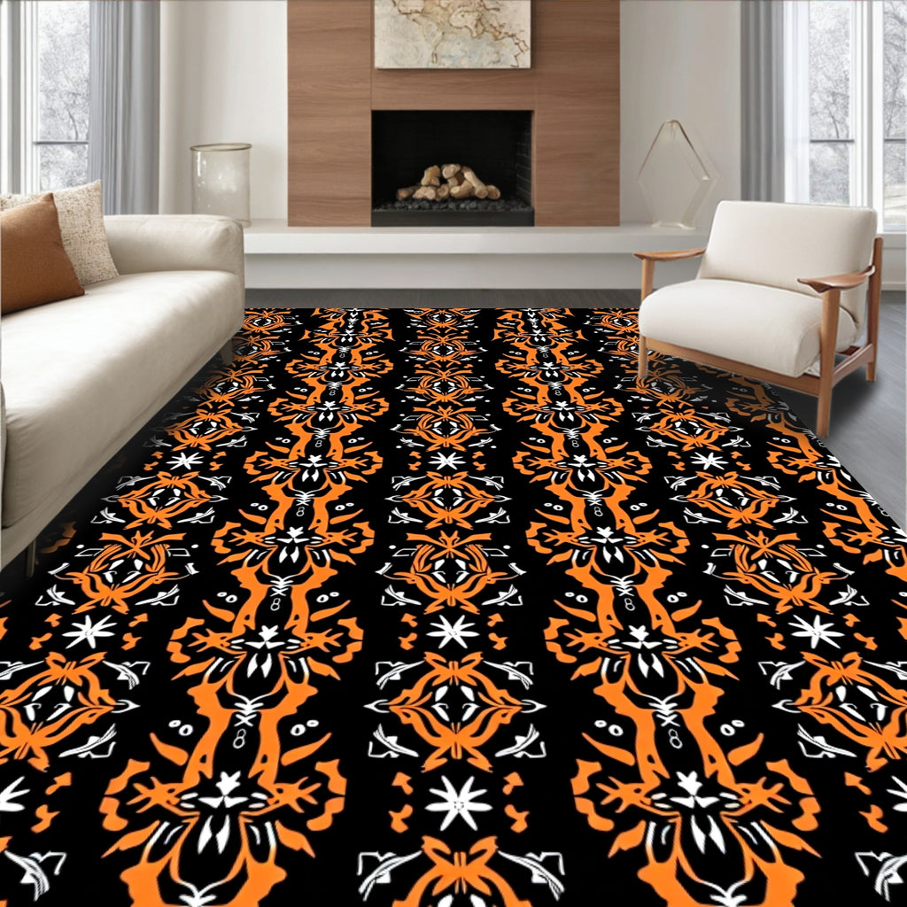 Ornate Black Orange Tribal Symmetry Rug