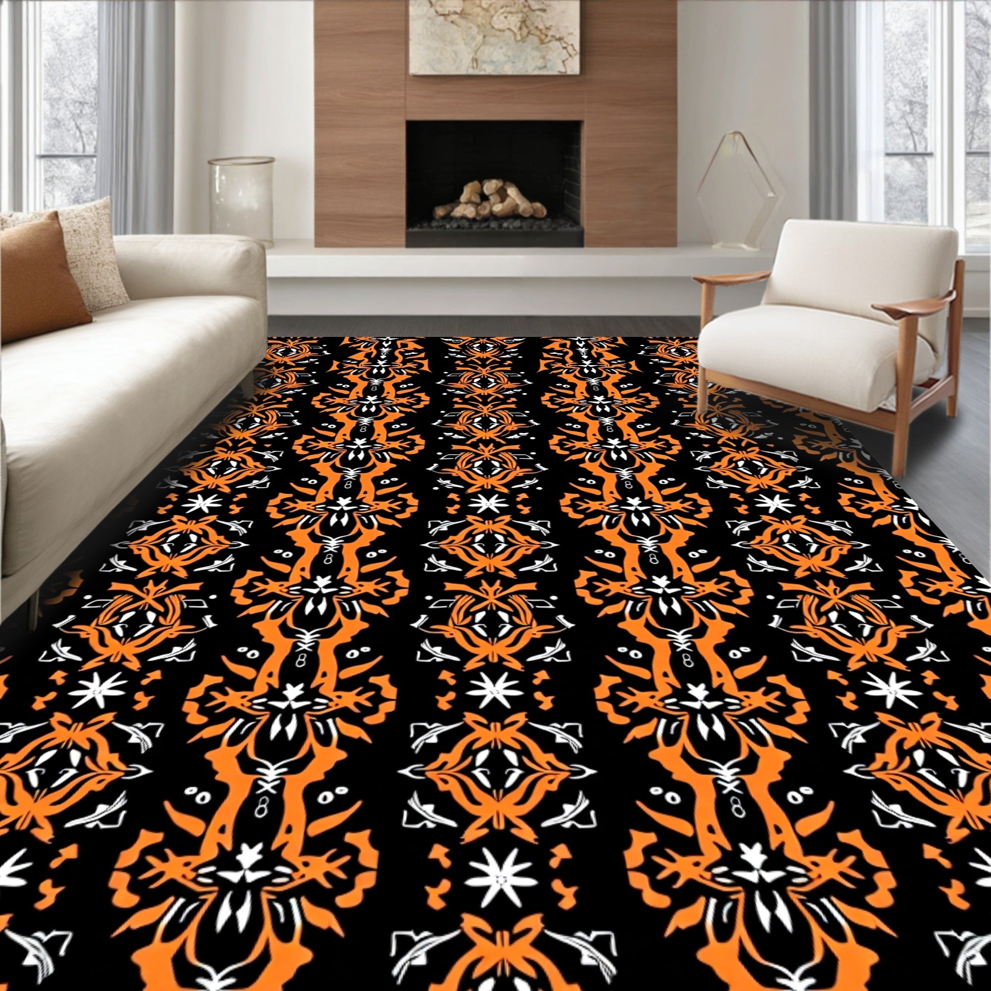 Ornate Black Orange Tribal Symmetry Rug