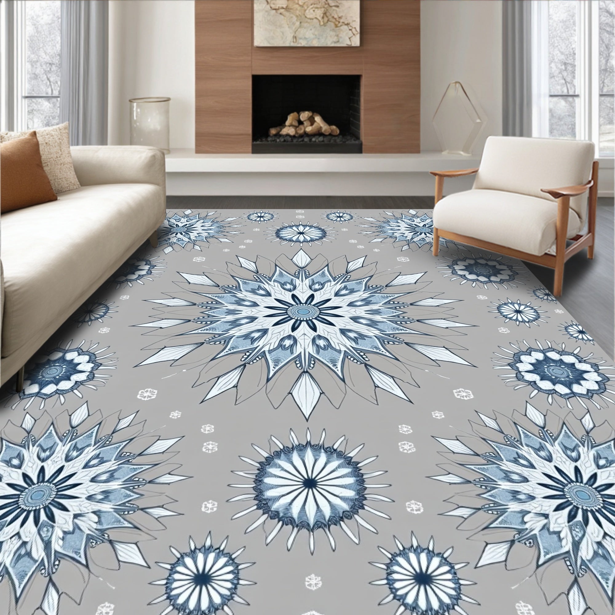 Blue Snowflake Mandala Medallion Rug