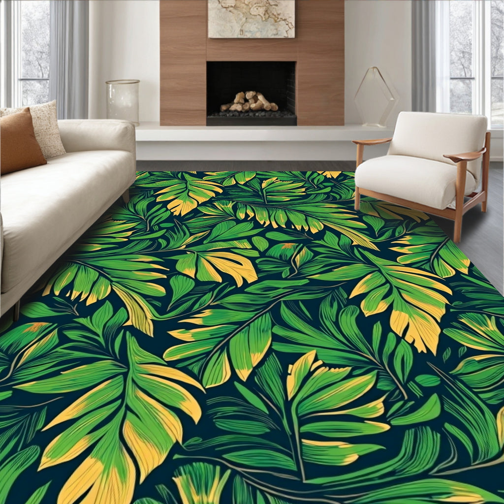 Lush Green Yellow Tropical Foliage Rug