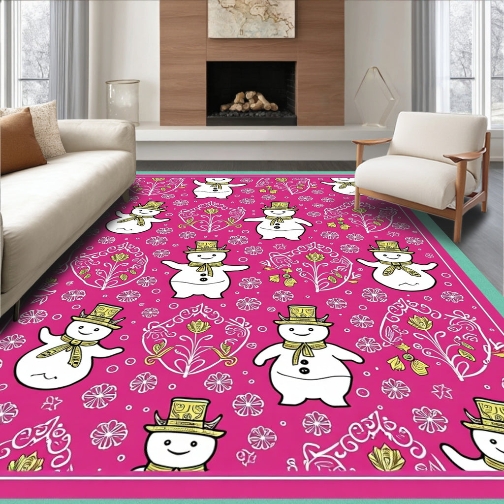 Pink Snowman Floral Whimsical Festive Rug