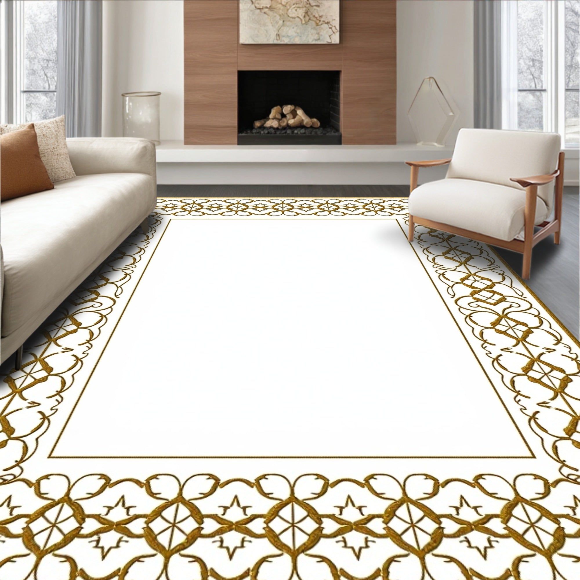 Golden Ornate Vintage Scroll Border Rug