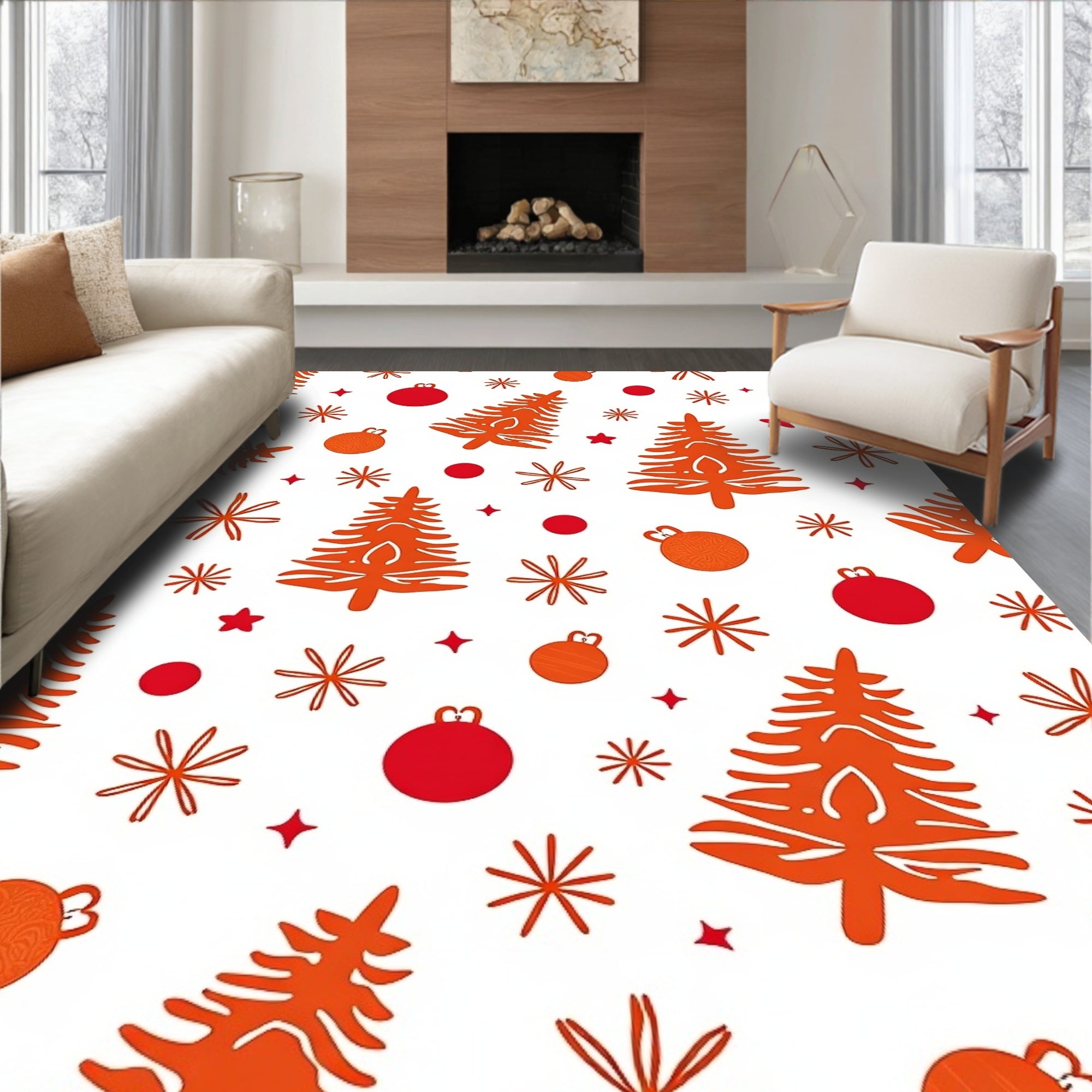 Orange Christmas Trees Festive Ornaments White Rug