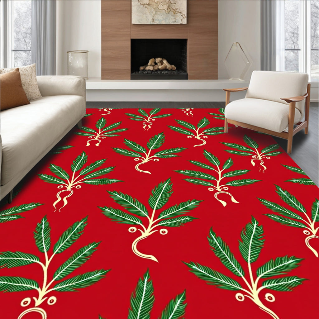 Crimson Palm Frond Botanical Rug