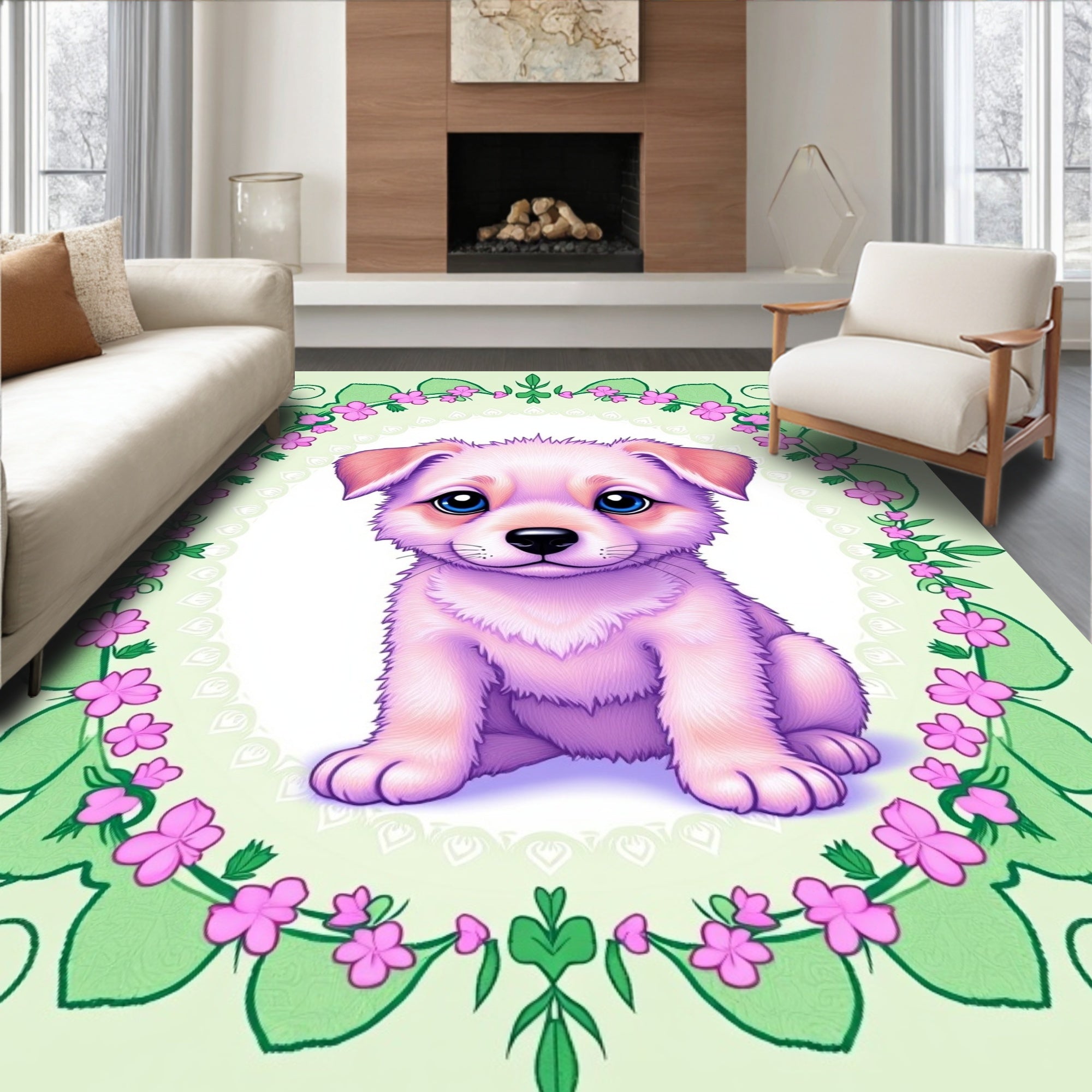 Precious Pink Puppy Floral Frame Rug