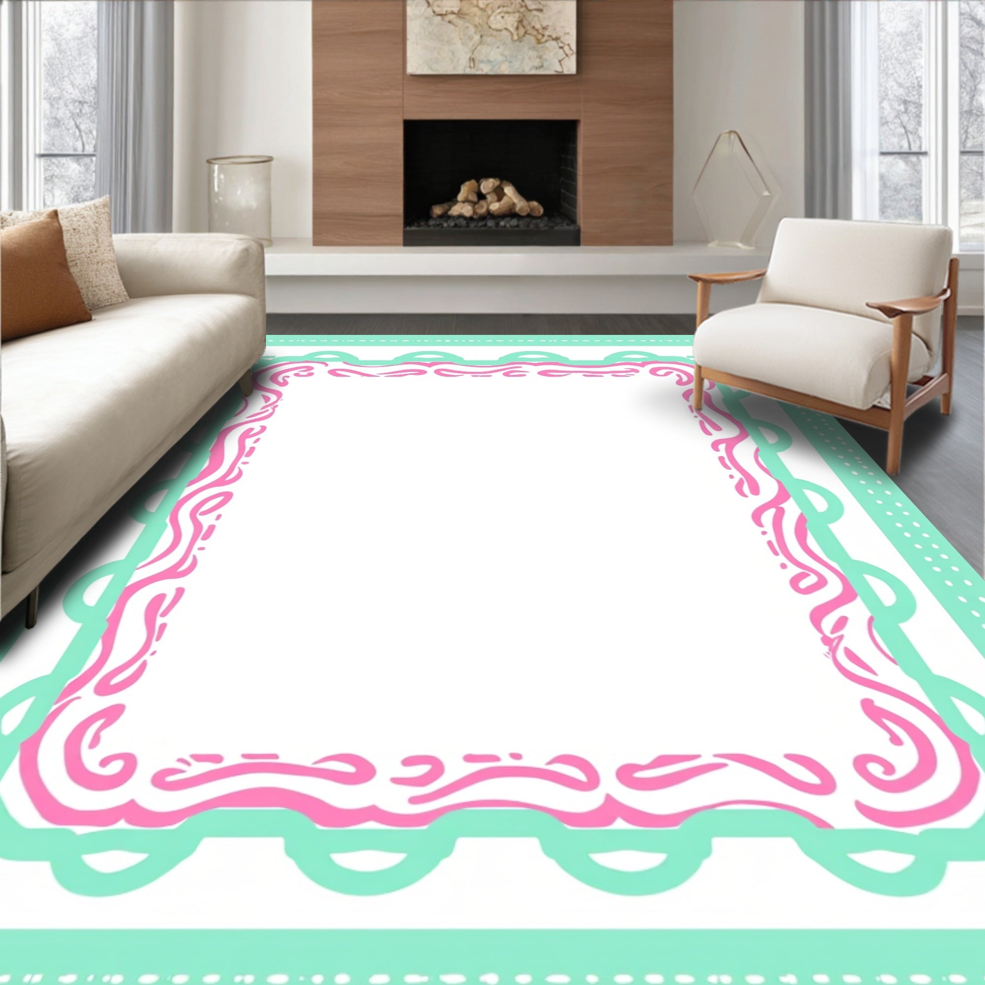 Aqua Pink Swirl Scallop Frame Rug