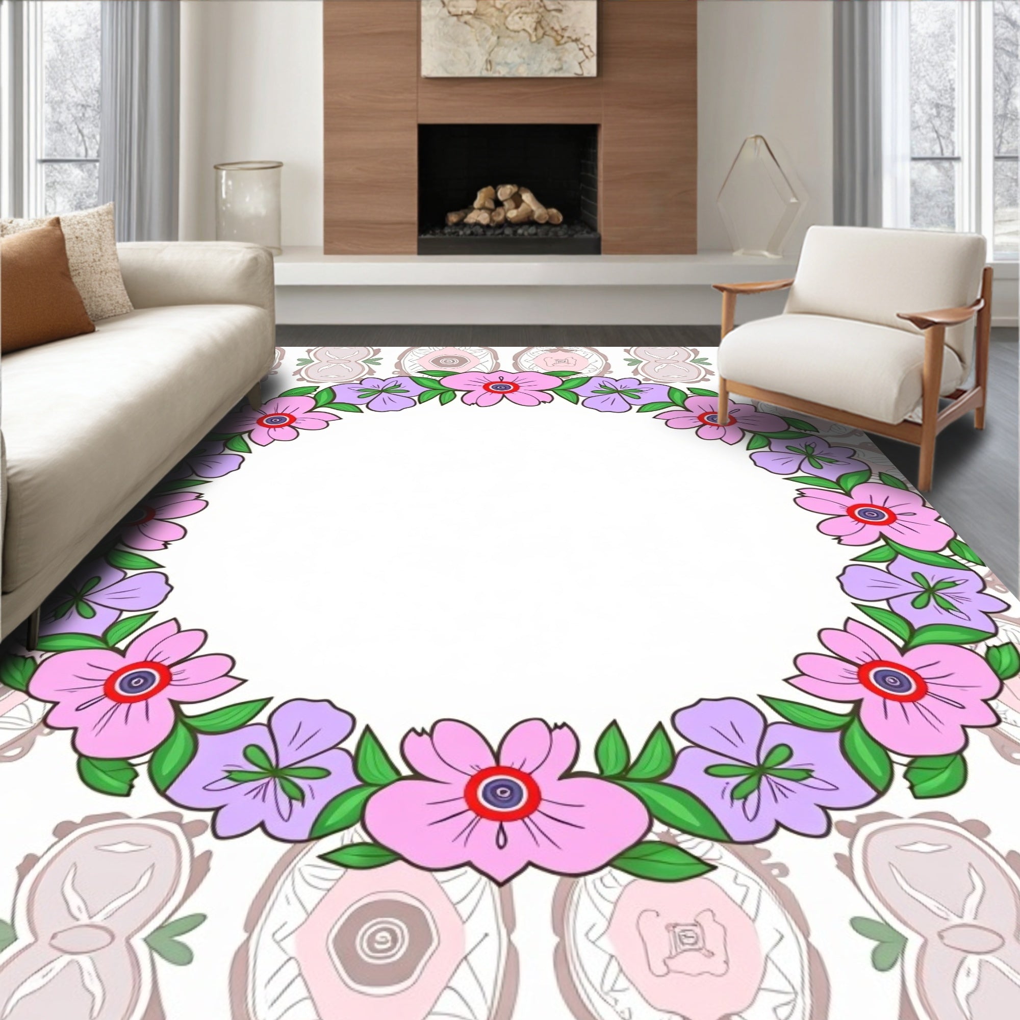 Pink Purple Floral Wreath Border Rug